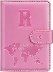 [Simikol] Passport Holder Cover Initail Letter A-Z Travel Wallet 16D Embossed Design RFID Blocking Card Holder Personalized Gift Passport Cover Wallet, Passport Book Holders for Women and Girls, Pink-R, Pink-R