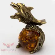 Solid Brass Amber Figurine of Dolphins couple Totem talisman IronWork