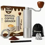 25G CNC 420 Coffee Grinder Manual with Funnel, Brush, Air & Nylon Carry Bag | 6 Star Conical Coffee Burr Grinder with Double Bearings | Walnut Aluminum Espresso Grinder with Numerical Settings