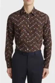 NEW Canali Dark Red Chevron Botanical Leaf Print Lyocell Shirt Sz M NWT $375