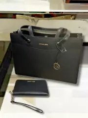 Michael Kors Large MF Pocket Tote Black Leather & Flat Phone Case Wallet Set