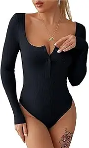 [Generic] Women's Ribbed Bodysuit Button Front Collared Long Sleeve Leotard Jumpsuit Tops