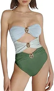 [DoMyStar] Bikini Woman Casual Gold Round Button Decoration Three Color Hollow Patchwork Swimsuit