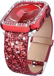 [ASOTC] Bling Bands Compatible with Apple Watch Band + Case 38mm 40mm 41mm 42mm 44mm 45mm 49mm Ultra 2/1, Glitter Leather Strap with Bling Diamond Protector Cover For iWatch Series 9 8 SE 7 6 5 4 3 2 1