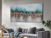 Ardemy Teal Abstract Canvas Wall Art Landscape Nature Scenery Painting Modern Turquoise Grey Panoramic Bird Picture Artwork Large Framed for Living Room Bedroom Bathroom Home Office Wall Decor 40"x20"