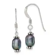 Sterling Silver Polished, Antiqued & Beaded 6-7mm Rice Black Freshwater Cultured Pearl Dangle Earrings