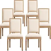 [Furniliving] French Country Dining Chairs Set of 6, Upholstered Dining Room Chairs with Back Farmhouse Kitchen Chairs for Living Room, Kitchen, Restaurant (Beige-Square)