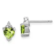 Sterling Silver Rhodium Heart Peridot u0026 Diamond Post Earrings