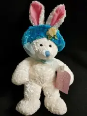 13" White Plush Stuffed Easter Bunny Rabbit Decoration Ribbon Blue Hat New Tags