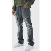 Mens Grey Slim Flared Patchwork Distressed Jeans