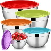 Mixing Bowls with Lids Set of 5, E-far Stainless Steel Mixing Bowls Metal Nesting Bowls, Airtight Lids & Scale Marks, Healthy & Easy Clean, Great for Cooking, Baking, Serving - Size 1.5/2/3/4/5 QT