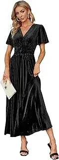 [Simplee Apparel] Simplee Women's Wrap V Neck Lace Formal Maxi Dress Short Sleeve Floral Wedding Guest Dress