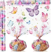 Gueevin Butterflies Cellophane Wrap Roll Spring Wrapping Paper Roll 100 ft x 16 Inch 2.5 Mil Thick Butterfly Cellophane Roll Clear Spring Cellophane Gift Wrap for Treats Candy Baskets Gifts Crafts