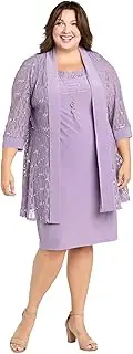 [R&M Richards] Formal Solid Knee Length Sheath Dress & Lace Jacket W/Stripe Dot Sequin