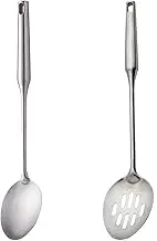 2Pcs Kitchen Utensils Set, 1Pc Slotted Spoon and 1Pc Serving Spoons Stainless Steel Serving Spoons and Slotted Spoon Set 15 Inch Long Handle Cooking