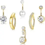 [Kakonia] 6Pcs Silver/Gold Plated Belly Button Rings Surgical Stainless Steel Belly Rings CZ Clicker Belly Button Piercings for Women Navel Piercings Pack,Silver/Gold