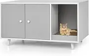 COSTWAY Wooden Cat Litter Box Enclosure Bench, Hidden Cabinet Furniture w/ Doors, Removable Scratch Box, Water & Scratch-Proof, Washroom House End Table for Indoor (Grey/White)