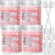 Singhoow 200 Pieces Baby Tongue Cleaner Disposable Infant Oral Cleaner with 4 Pieces Finger Toothbrush Soft Gauze Baby Mouth Cleaner Newborn for Tooth Mouth Gum Dental Care (Pink)