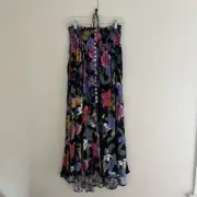 Rachael Roy Flowy Floral Boho Halter Top Sun Dress w/ Abalone Buttons, Black- L