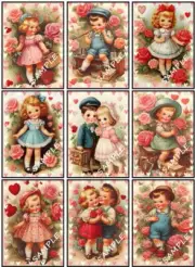 (9) Vintage Valentine's Day Kids Collage Glossy Stickers~Scrapbook~Labels~#300S