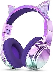 QearFun Kids Cat Ear Bluetooth Headphones, 60H Playtime, 3-Level 74/85/94dB Safe Volume Limit, Wireless Headset with Mic for Girls, Bluetooth 5.3, Foldable for School/Travel/Tablet - Purple