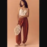 New women's XSP By Anthropologie linen smocked balloon pull-on pants Cedar