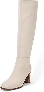 [Coutgo] Womens Knee High Boots Chunky Block Heels Square Toe Side Zipper Faux Suede Fall Winter Comfort Boot