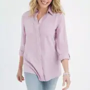 NWT CHICOS 0 Touch Cool Fringe Hem Button Up Shirt Sm Lavender Rose Pink Denim