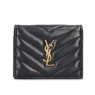 YSL Saint Laurent Cassandre 小羊皮 翻蓋 短夾 卡夾 零錢包 皮夾 短夾 黑色 金色