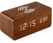LED Digital Wooden Alarm Clock with Wireless Charging - Brown