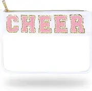 Jeffan 1 Pcs Cheer Gifts Chenille Letter Cheer Bags Patch Makeup Bag Flat Clear Pouch Cheerleading Gifts for Girls Cheer Teams, Beige, Cheer Bag