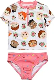 [CoComelon] Infant and Toddler 2 Piece Quarter Zip Rashguard Set Swimsuit for Girls - JJ, Tomtom, Cody, Nina