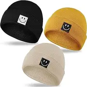 [Mepase] 3 Pcs Smile Face Beanie for Women Men Smile Winter Beanie Hat Acrylic Knit Embroidery Skull Cap