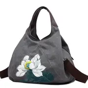 Women Canvas Lotus Tote Handbags Chinese Style Shoulder Bag Folk Custom Crossbody Bags Grey Colour
