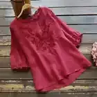 Blusa elegante de verano de lino y algodón talla grande, para mujer con volantes