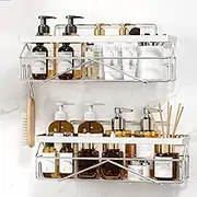 Adhesive Stainless Steel Shower Caddy Shelf Rack, Renter Friendly Bathroom Organizer Storage (Sliver 2PCS)