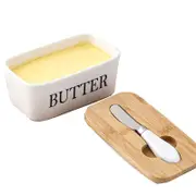 Ceramic Butter Dish Box Storage Tray Container Bamboo Lid With Butter Cutter