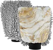 XYMZR White Gold Marble Waves Absorbent Microfiber Car Wash Mitt, Funny Cute Anime Scratch Free for Cars Cleaning, Home Cleaning Mitts, 2 Pack, 10.24” L x 7.09” W