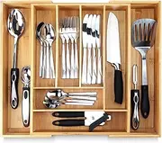PRISTINE BAMBOO Premium, Extra Deep, Non-slip, Large Silverware Organiser Expandable Bamboo Utensil Drawer Organiser Wooden Flatware Holder, Cutlery Tray Adjustable Kitchen Drawer Divider by