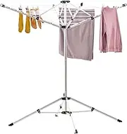 JS HANGER Drying Natural Clothes Airer Outdoor Portable 4-arm Aluminum Drying Rack w/Ground Stake, Carry Bag, 28-Lines with 65 ft. Umbrella Clothesline with Four Legged Support