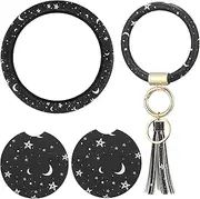 4 Pieces Black Moons White Stars Print Car Accessories Set Black Moons White Stars Steering Wheel Cover with 2 Pieces Car Cup Holder and Leather Keyring for Truck SUV(Classic Pattern)