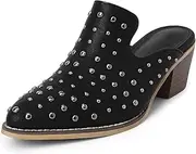 [Bigwow] Fashion Women's Chunky Block Heeled Mules Pointed Closed Toe Sandals Rivet Slip-on Pump Platform Clogs Dressy Shoes for Women
