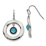 Stainless Steel Polished Wavy Circle W/Blue Glass Shepherd Hook Earrings