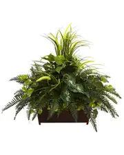 Nearly Natural Mixed Grass & River Fern with Wood Planter