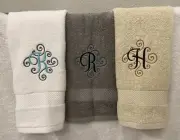 Custom Monogram Embroidered Hand Towel - Gray White Tan Ivory * Fancy Scroll *