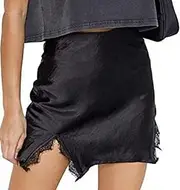[Generic] Women's Satin Lace Trim Split Slit Hem Zipper High Waist Mini Short Skirt