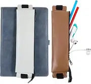 2Pcs Elastic Pen Holder for Notebook, PU Leather Stationery Zipper Case with Adjustable Band, Adjustable Pen Sleeve Pouch, Pencil Holder Case for Bible Notebook Planners Binders Books (Brown, White),