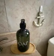 2 Piece Dark Green Soap Dispenser Set Dispenser and Wood Soap Dish