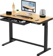 Electric Standing Desk with Drawer and Adjustable Frame, USB Charging, Child Lock - 120CM, Bamboo/Black