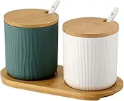 OnePine Set of 2 Sugar Bowl, Ceramic Spice Jar Condiment Pots with Bamboo Lid and Ceramic Spoon for Home and Kitchen